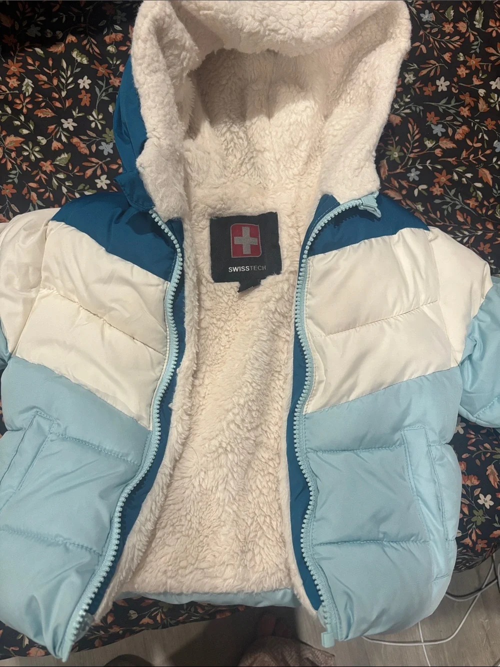 Swiss Tech Kids Tri-Tone Blue & White Puffer Jacket with Sherpa Hood